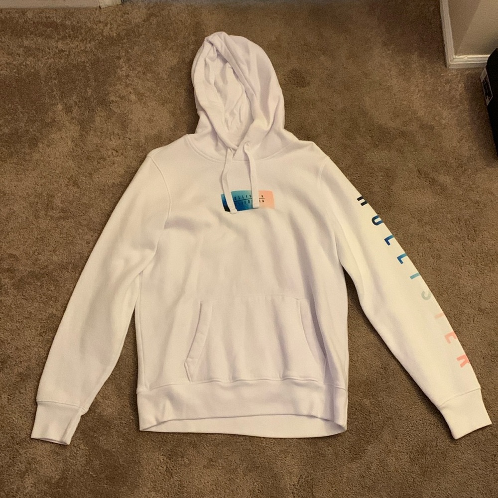 Hollister Men’s Size Medium White/Blue/Pink Long Sleeve Hoodie